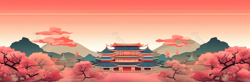 红色渐变大气国潮风插画故宫建筑群山环绕粉色桃花树木,插画/手绘图,插画/手绘图库,插画/手绘图下载,插画/手绘